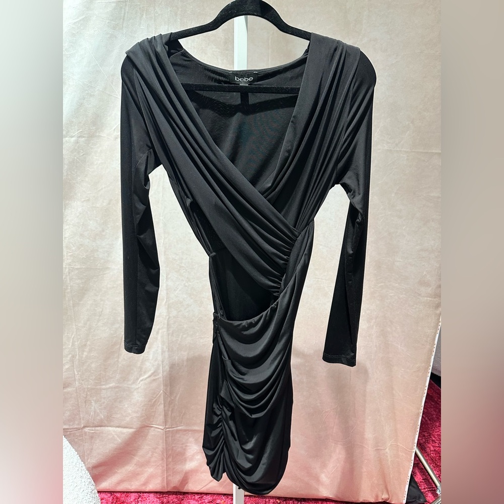 Bebe Classic Black Draped Dress with Side Cutout